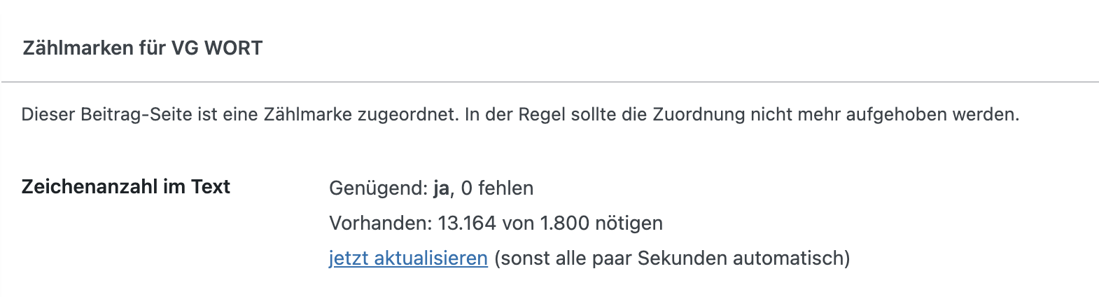 Und so sieht das dann aus, wenn eine Zählmarke zugeordnet ist. Ab jetzt zählt die VG Wort mit