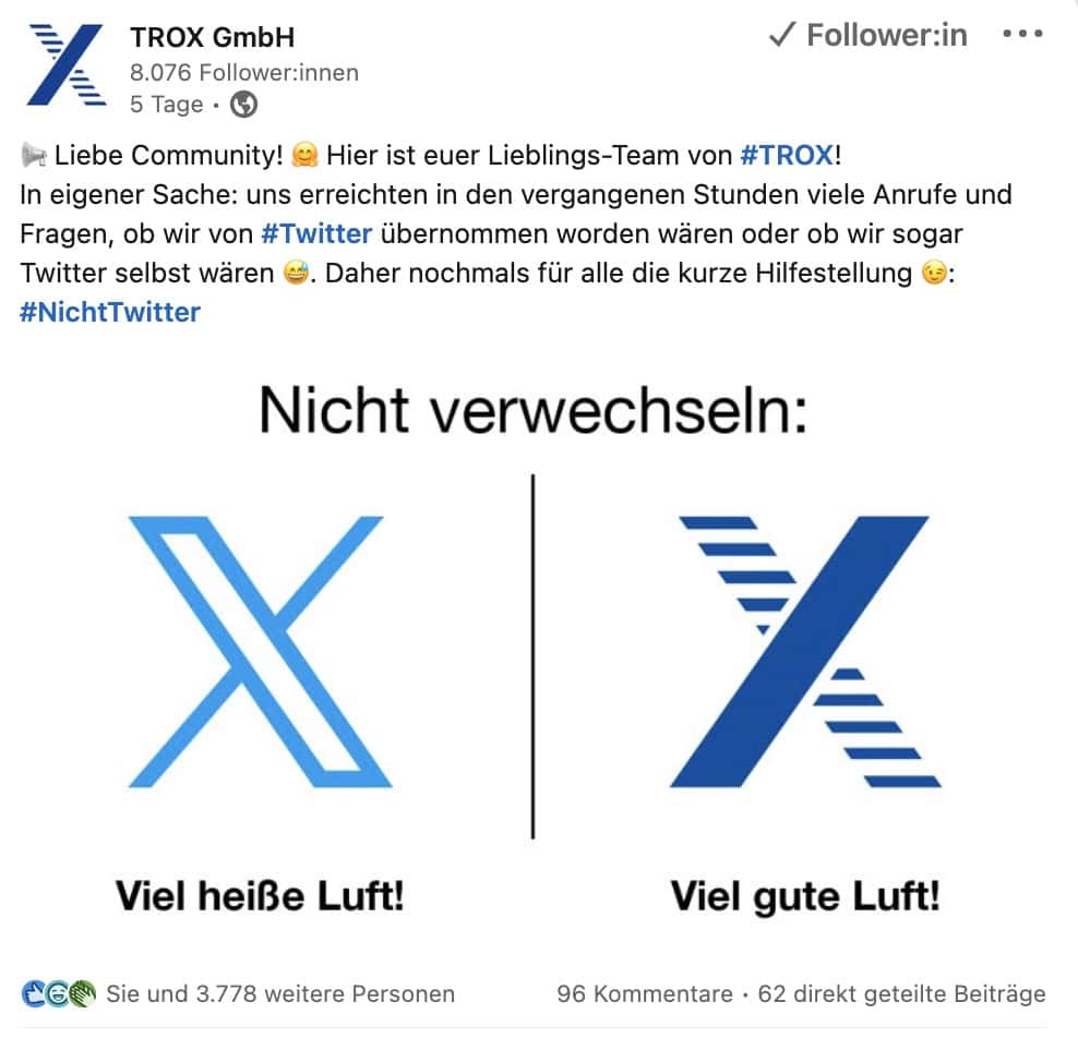 Die Firma Trox hat auf LinkedIn das Rebranding von Twitter für eine Klarstellung genutzt. Der Grund: Die Logos der beiden Unternehmen sind sehr ähnlich.