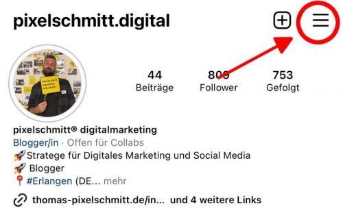 Das Menü findest du in der Instagram App oben rechts bei den drei Strichen