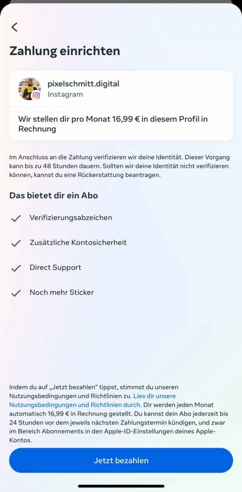 Bezahle den blauen Haken auf Instagram direkt