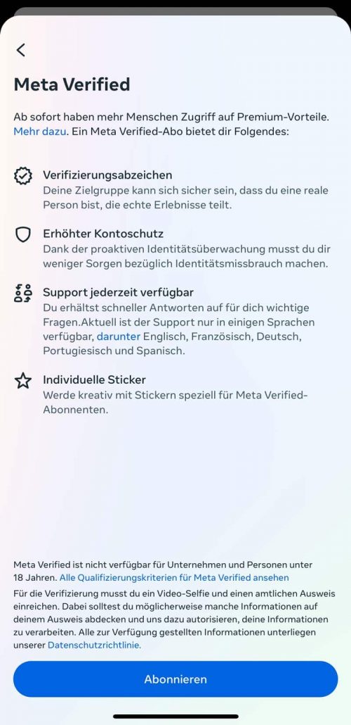 Informationen zum blauen Haken auf Instagram kaufen - Meta verified